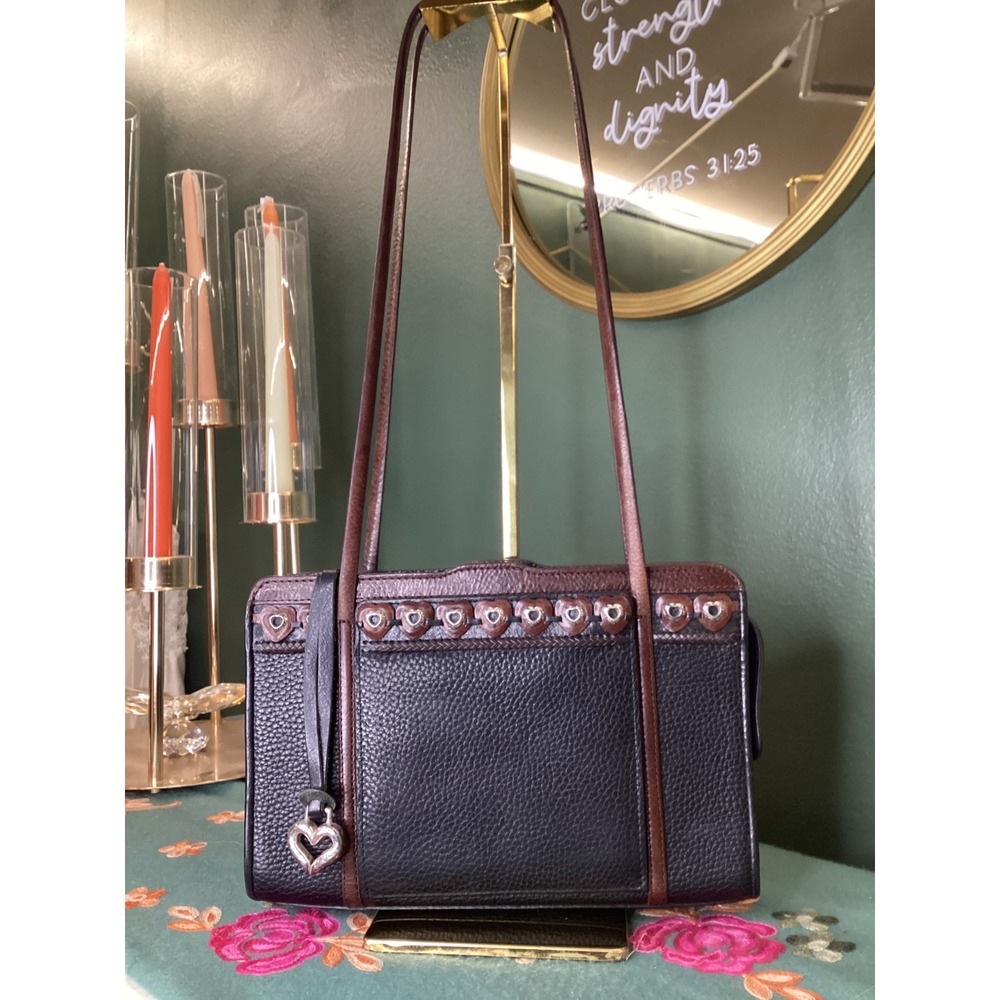 Brighton Black Brown Pebbled Leather Heart Organizer Shoulder Bag C988557